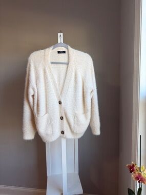 Bershka Ivory Fuzzy Button-Up Cardigan